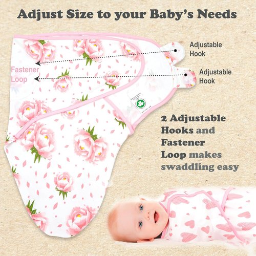 Bublo Baby Swaddles - Adjustable Organic Cotton Infant Sleep Sack | 3-Pack for Newborns (Hearts-Flowers)