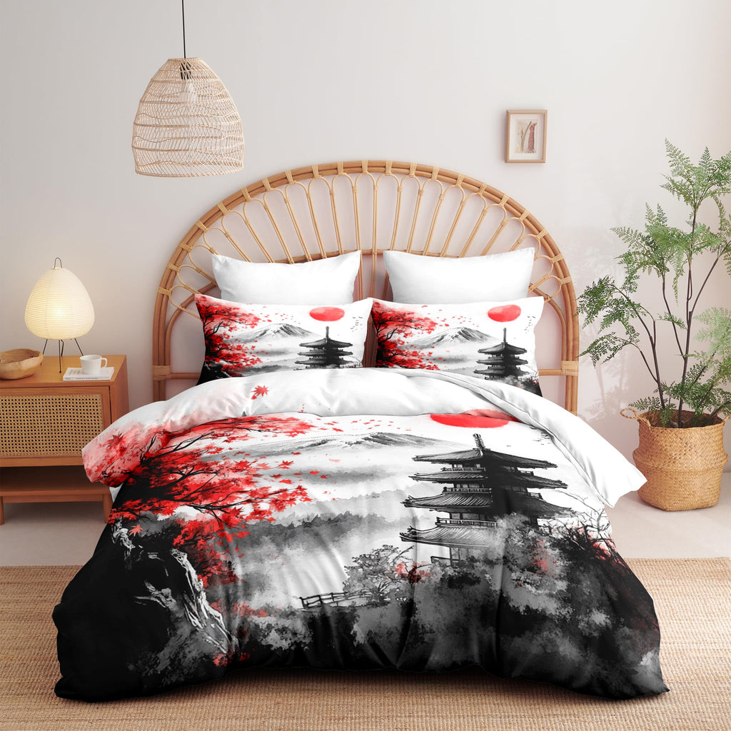 Ccoutuechen Classical Architecture Art Painting Comforter Set Queen, 3pcs Japanese Style Botanical Soft Bedding Set for Women Girl, Lightweight Down Alternative Comforter with 2 Pillowcases(90" X 90")