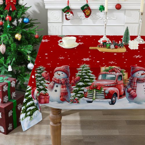 cusugbaso Christmas Square Tablecloth 52x52 Inches - Red Truck and Snowman Christmas Party Decorations for Home - Winter Table Cloth for Rectangle Table Holiday Xmas Decor for Kitchen