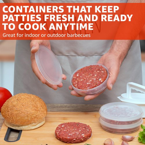 Mission Gallery Hamburger Press Patty Maker - 4 in 1, Burger Mold, Patty Press, 8 Storage Containers, 100 Round Papers - Hamburger Patty Maker Tool for BBQ - Burger Shaper for Meat, Veggie Patties