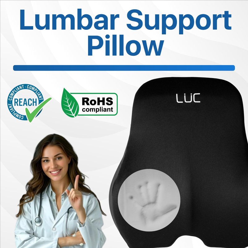 LÜC Lumbar Support Pillow for Office Chair & Car – Ergonomic Memory Foam Back Cushion for Lower Back Pain Relief – Adjustable Strap, Breathable Cover – Improves Posture & All-Day Comfort