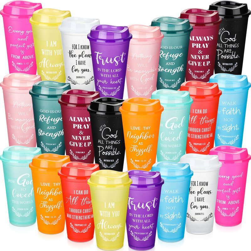 Skylety 72 Pcs Christian Tumblers Gifts for Mothers Day Bulk for Church Religious Plastic Coffee Cups with Lids and Straw Women Coworkers Employees 16 oz Bible Verse Mugs (Multicolor)