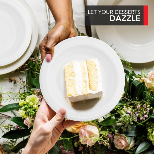 Stock Your Home 200 Count Premium White Plastic Plates, 6 Inch White Disposable Wedding Cake Plates, Heavy Duty Plastic Dessert Plates, Cocktail Appetizer Plates for Christmas Dinner Parties