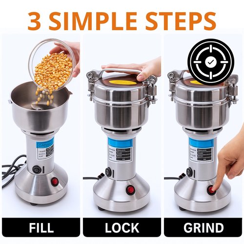 High Speed Electric Grain Mill Grinder – Silver 150g Capacity Flour Grinder with 304 Stainless Steel Blades and Accessories Compact Automatic Grain Mill for Flour Nuts Spices Coffee Herbs