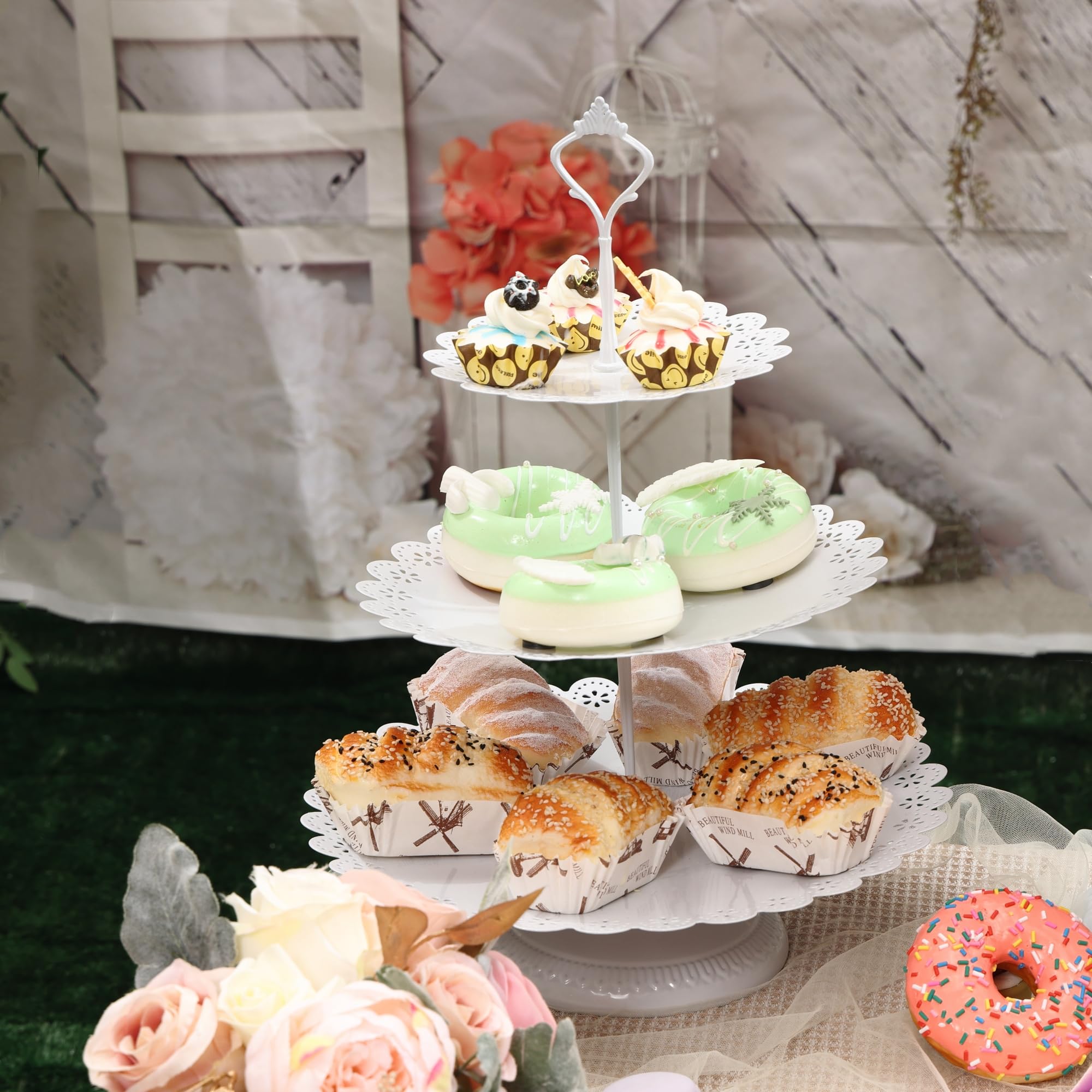 GMWD Set of 7 White Cake Stand Desserts Display Table Pedestals 3-Tiered Cupcakes Holder Serving Tray Decorative Weddings Birthdays Party Baby Showers Celebrations