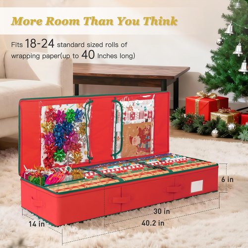 Criusia Gift Wrapping Paper Organizer - Durable Underbed Storage for 24 Rolls | Red with Removable Dividers & Pockets