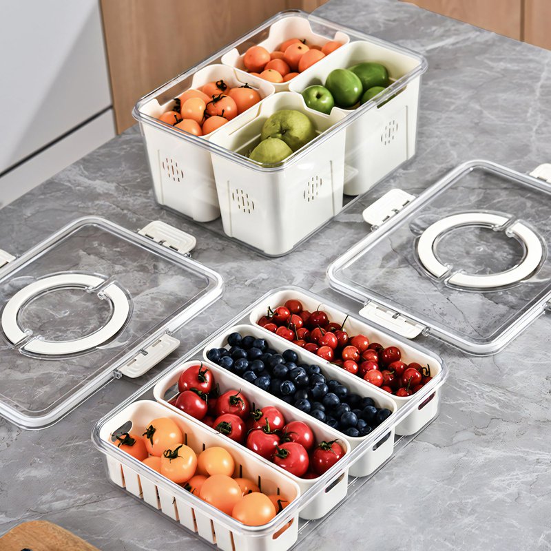 2Pack Divided Veggie Tray with Lid and Handle 4 Compartment Serving Tray with Dividers Portable Travel Snack Storage Containers Stackable Snackle Box Charcuterie Container for Fruit,Vegetable,Salad