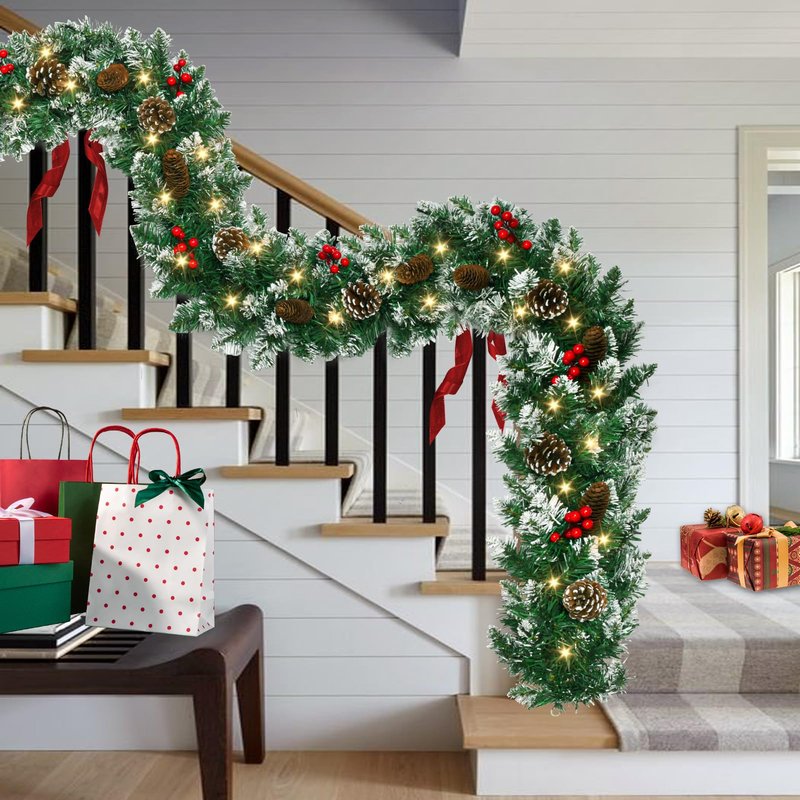 Christmas Garland with Lights,6FT Prelit Christmas Garland Battery Operated Xmas Garland with Christmas Blue Balls,Pine Cones and Pine Needles for Mantle Fireplace Staircase Porch Decor
