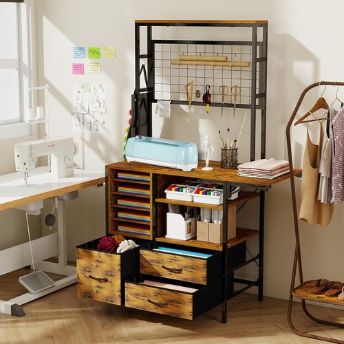 ARTETHYS Craft Table - Brown Storage Cabinet with Drawer & Fold-Out Desk for Craft Room