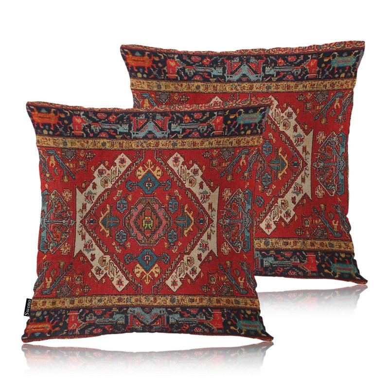 Swono Pillow Covers 18X18 Inch Set of 2 Turkish Carpet, Throw Pillow Cases Boho Tribal Geometric Paisley Floral Pillowcase Cushion Cover Decorative for Outdoor Home Sofa Bedroom Livingroom, Red