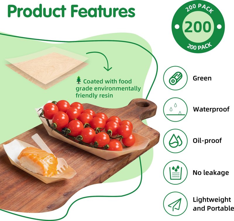 Suwodpak 200-Pack Wooden Disposable Plates 5 IN Boat Plates Food Trays Disposable Dessert Plates Disposable Food Boats for Party Weddings Picnic (Actual Size Used: 2.95" D x 1.73" W x 0.59" H)