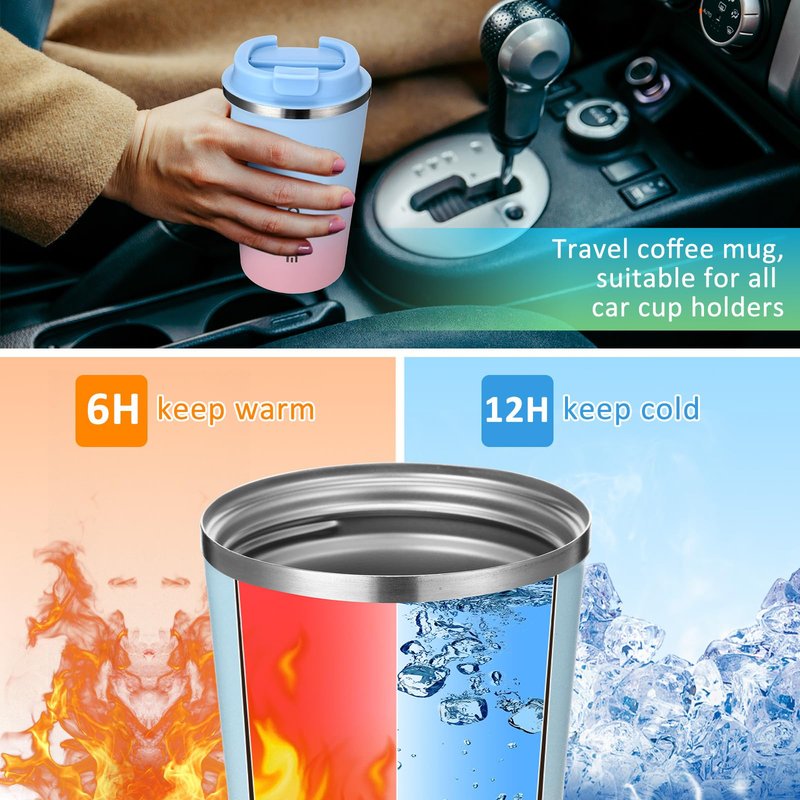 Honeydak 5 Pack Travel Coffee Mugs 12oz Insulated Coffee Cup with Lid Stainless Steel Vacuum Gradient Colorful Tumbler Reusable Leakproof Travel Cups for Hot & Cold Drinks