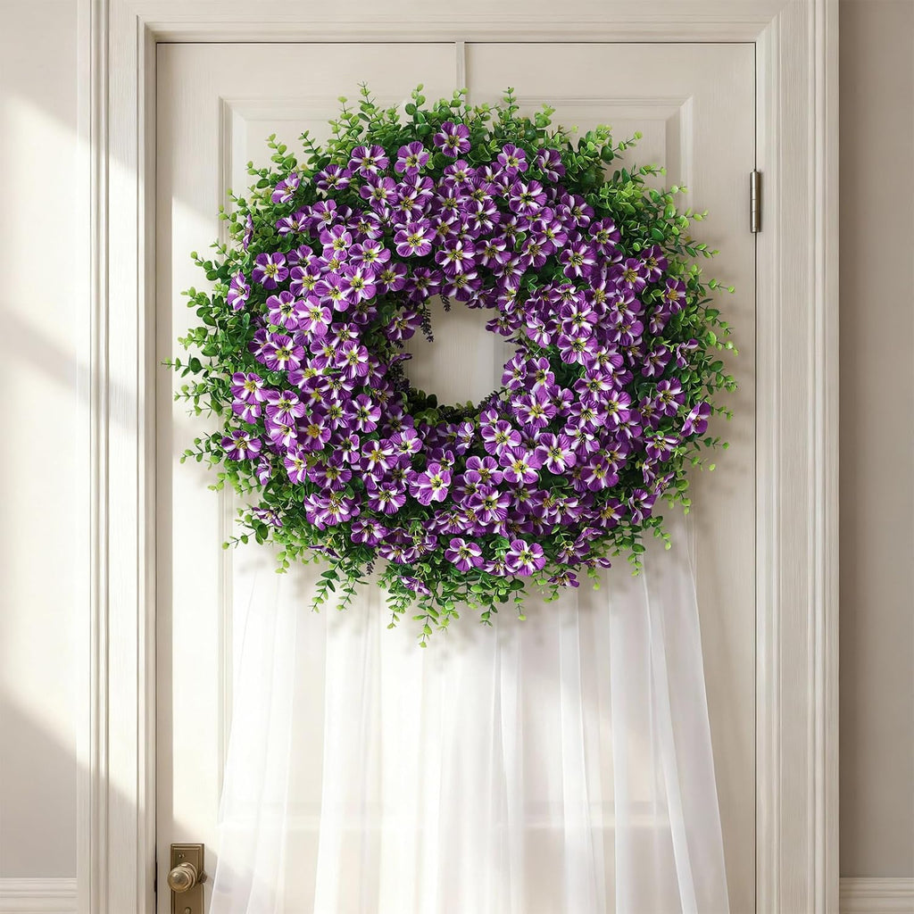 Skiennix 26" Large Artificial Eucalyptus Wreath - Realistic Faux Silk Morning Glory Flowers for Home & Wedding Decor (Purple)
