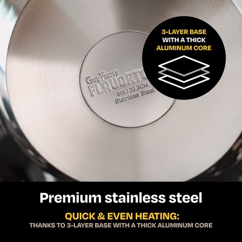 Guy Fieri's Flavortown 5 Qt. Stainless Steel Sautepan with Lid - Premium Three-Layer Cookware, Oven-Safe up to 500F