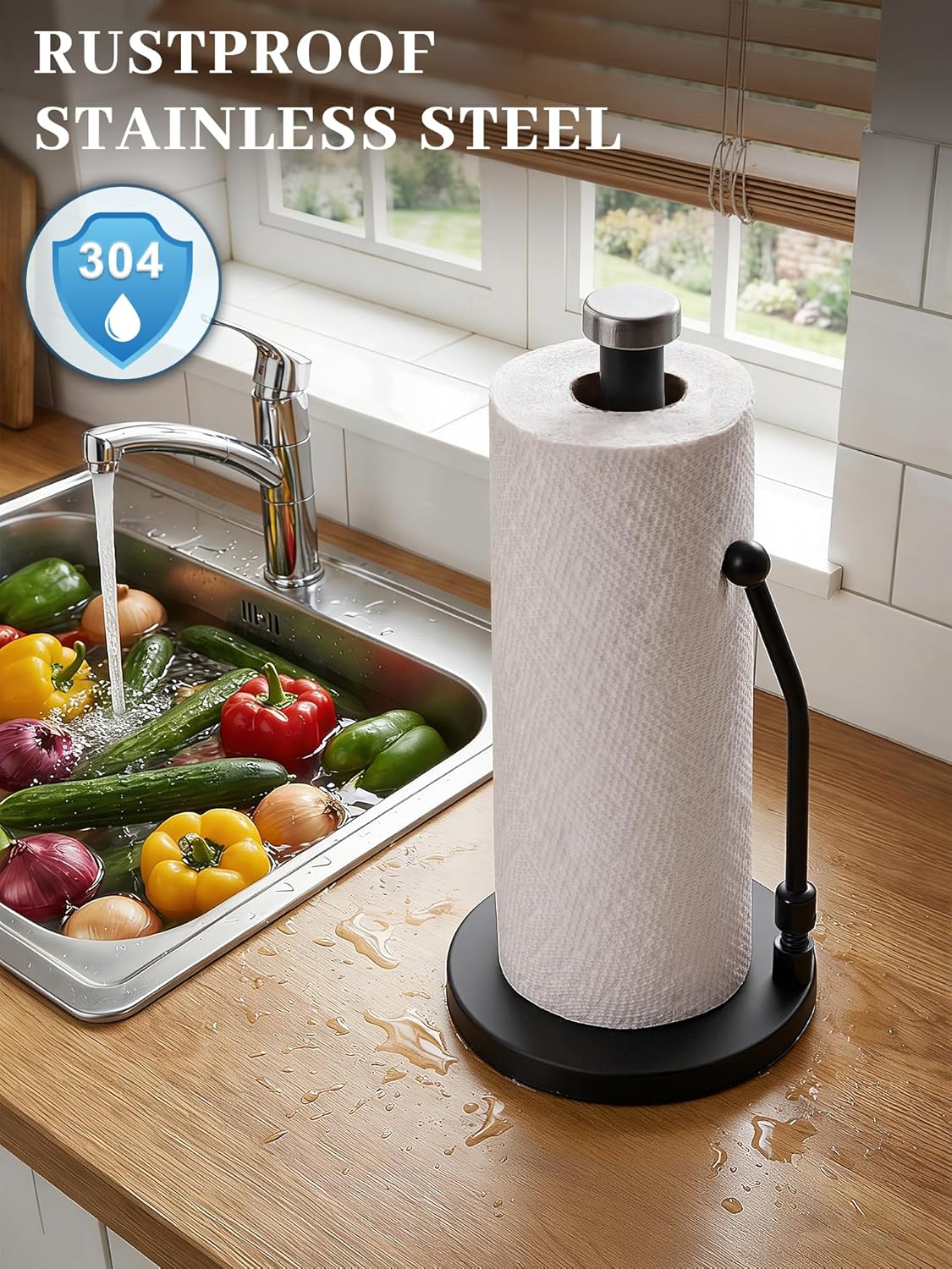 SMARTAKE Paper Towel Holder - Weighted Non-Slip Dispenser with Spring Arm for Most Roll Sizes - Black Stainless Steel