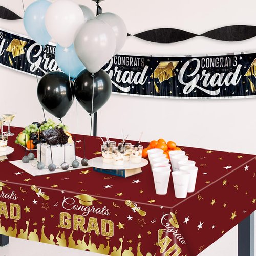 3-Piece 54 x 108 Inch Graduation Plastic Tablecloth - Congrats Grad Design Disposable Rectangle Table Cover for College High School Class of 2025 Graduation Party Supplies Indoor Outdoor (Maroon)
