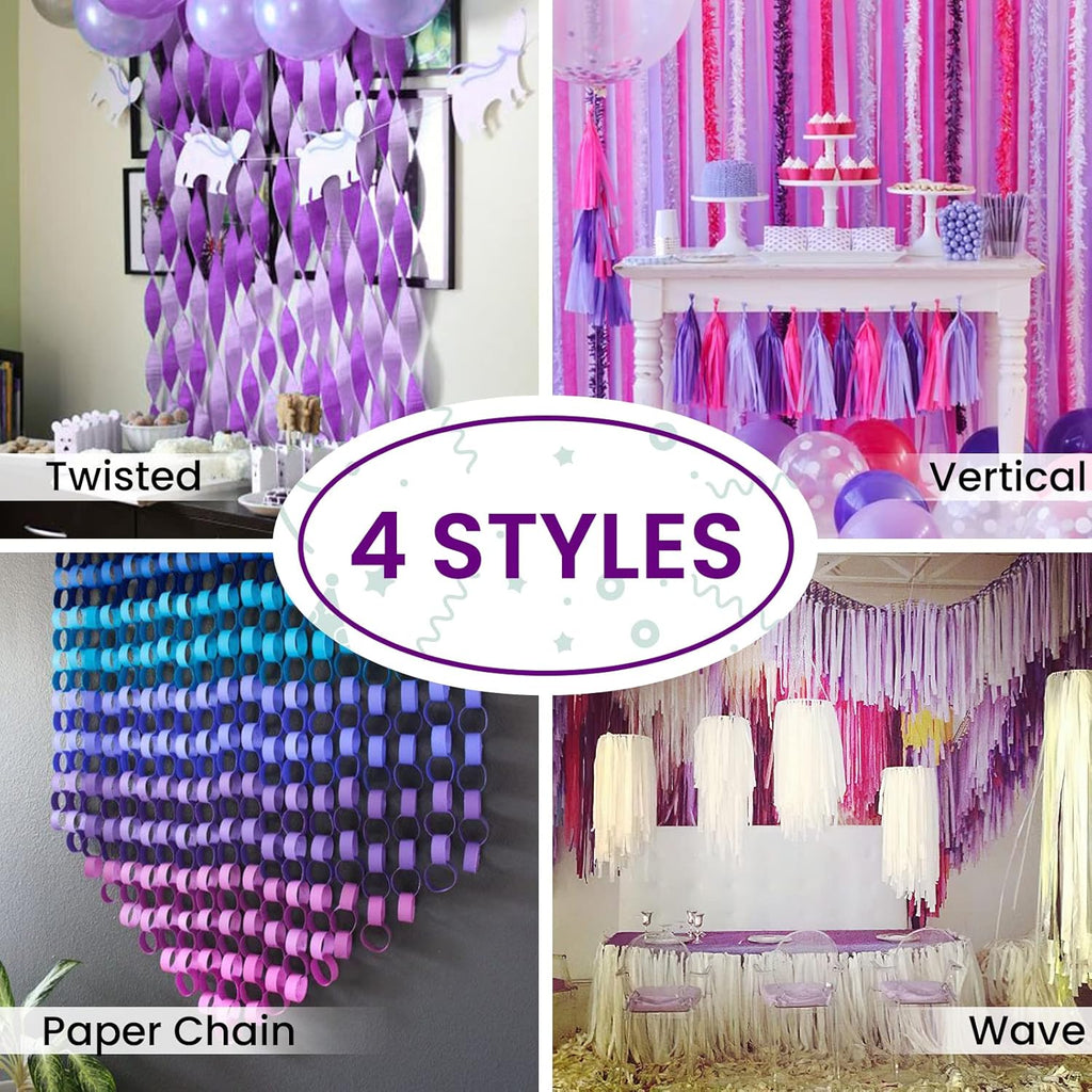 PartyWoo Purple Crepe Paper Streamers - 6pcs 492ft for Birthday & Graduation Decorations | Light & Dark Purple, Lavender, White, Silver