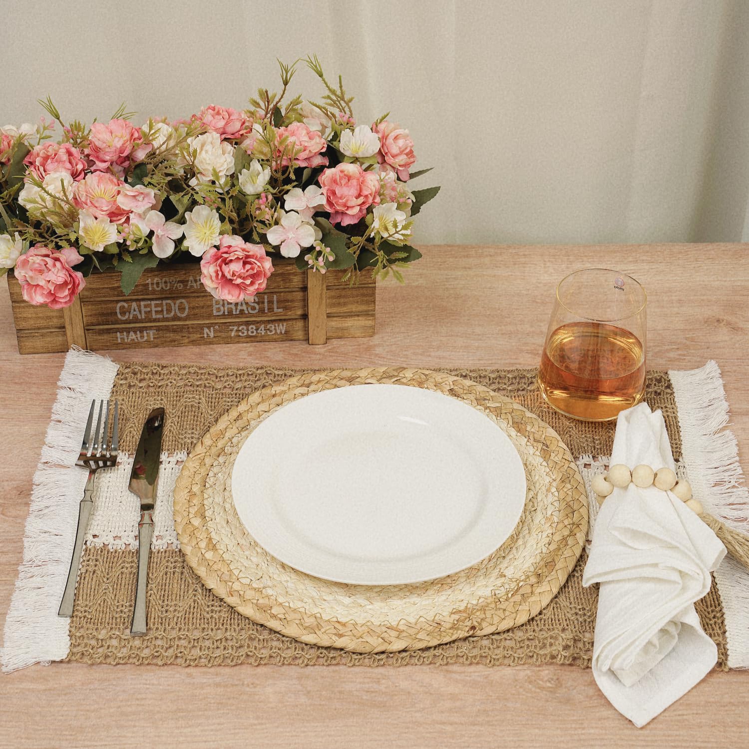 Phantomon Boho Placemats Set of 4 with Wooden Bead Napkin Rings - Natural Cotton, Burlap Rectangular Mats and Handmade Straw Woven Round Placemats for Farmhouse Dining Table or Kitchen Decor