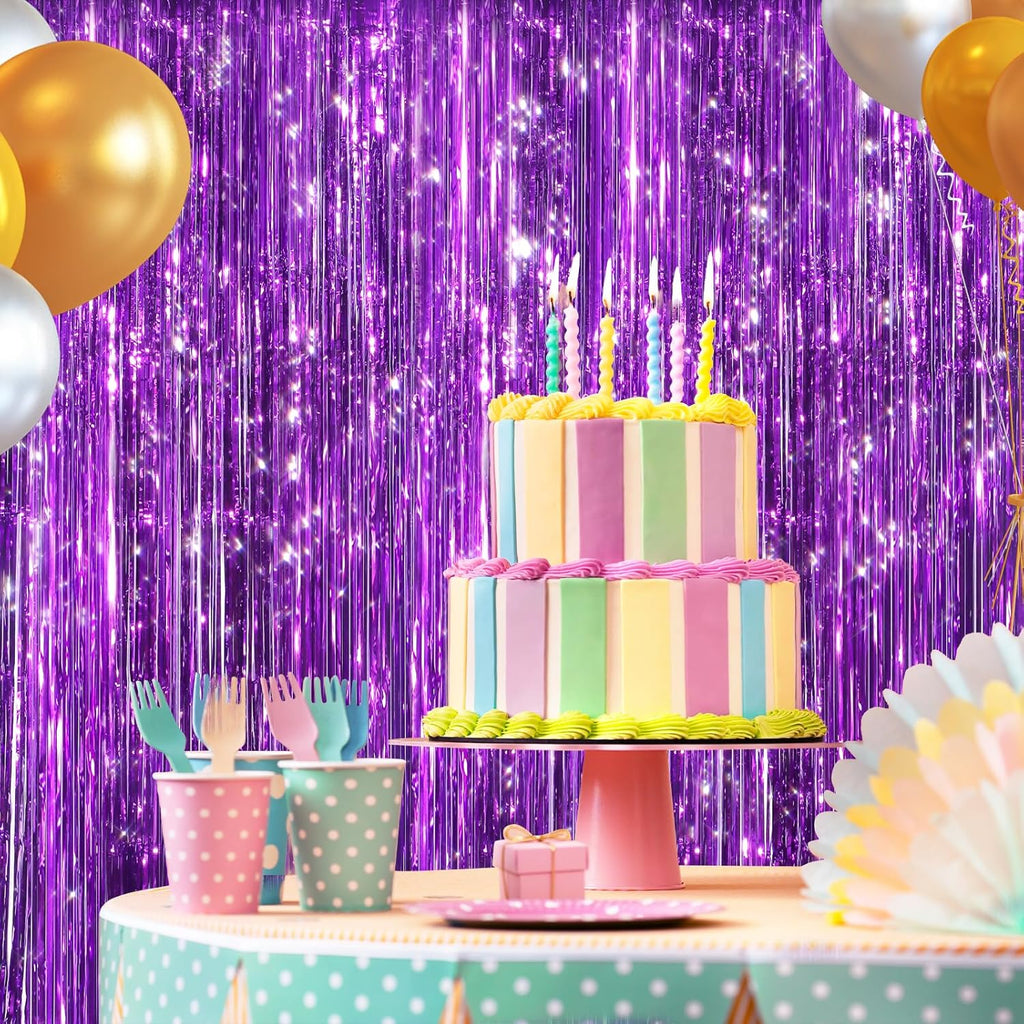 Skiennix Purple Metallic Tinsel Foil Fringe Curtains - 2 Pack Door Streamers for Parties & Events