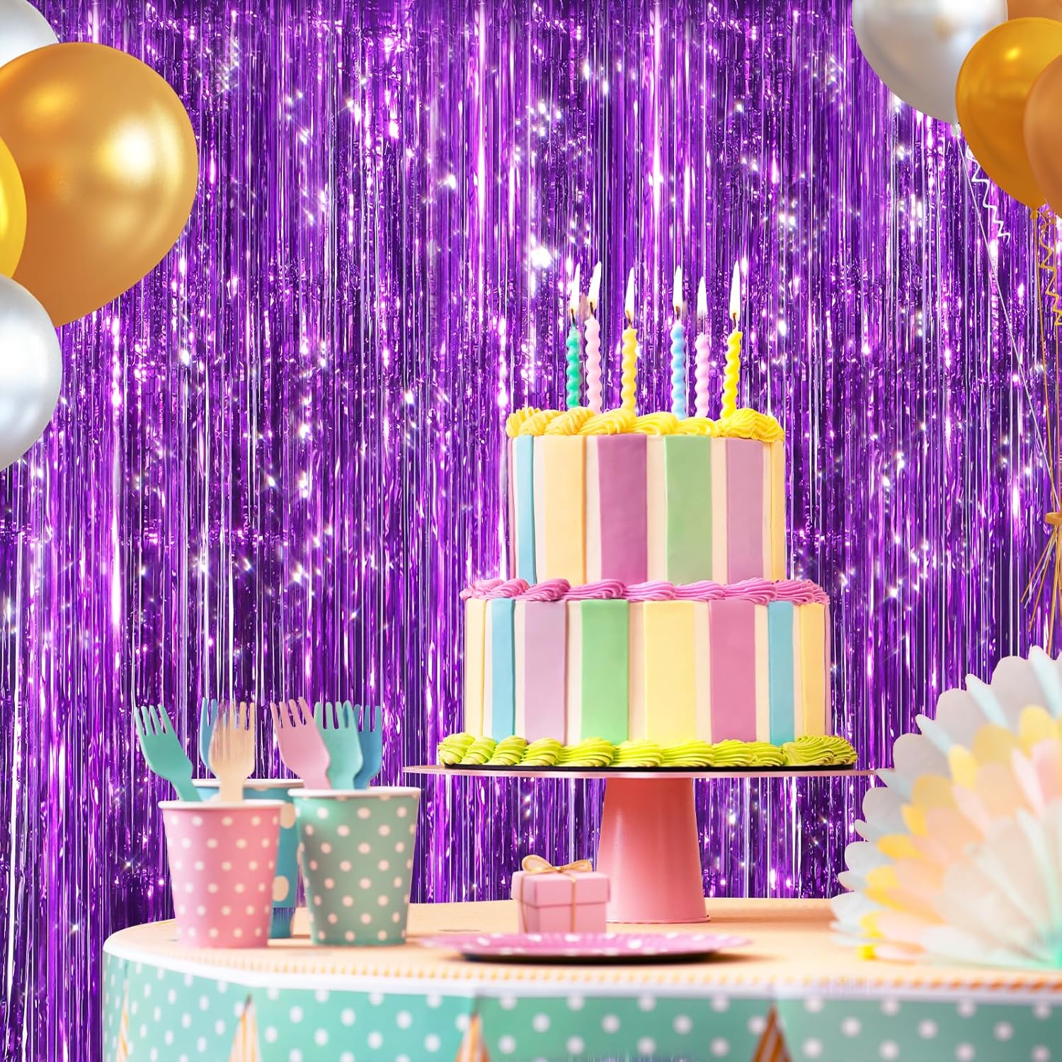 Skiennix Purple Metallic Tinsel Foil Fringe Curtains - 2 Pack Door Streamers for Parties & Events