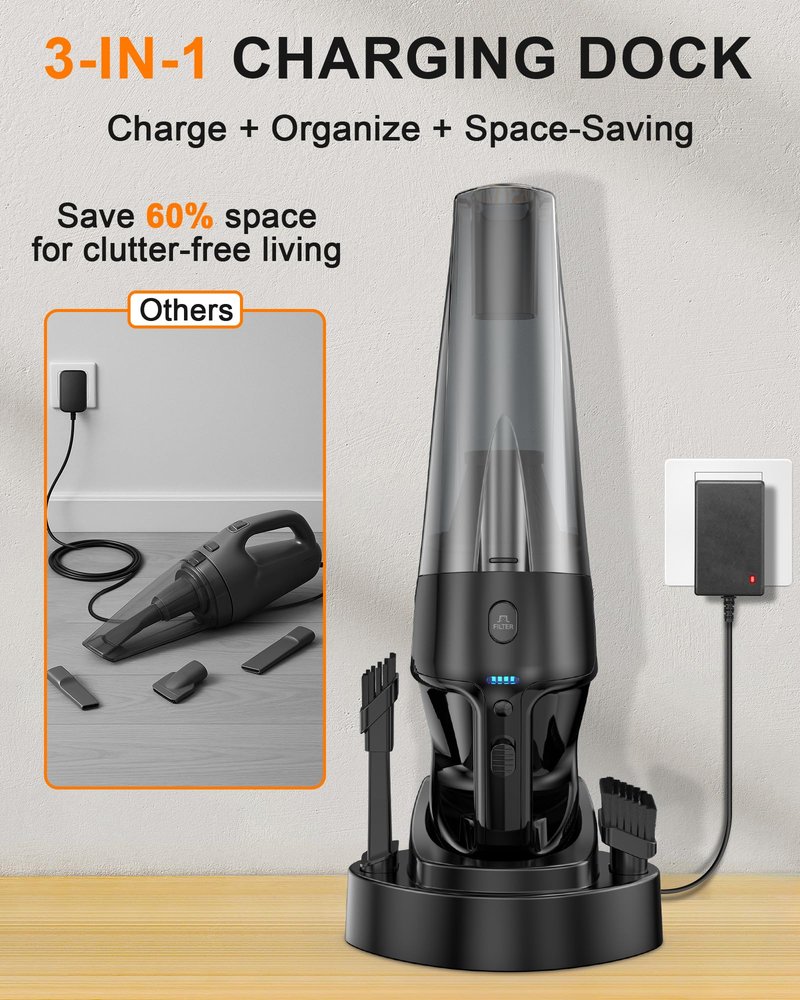 Handheld Vacuum Cordless Rechargeable with Charging Dock - 16000Pa Ultra-Strong Suction, Portable & Lightweight, Fast Charging, LED Light, 1000ML Super-Large Dust Cup, Long Battery Life for Home