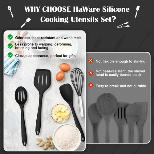 HaWare Kitchen Utensils, 14 PCS Silicone Cooking Utensils Set, Heat Resistant Kitchen Utensils for Non-stick Cookware, Kitchen Gadgets Tools with Spoons, Spatulas, Whisk, Dishwasher Safe (Black)
