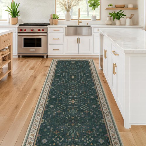Hazo Haus Dark Green Kitchen Rug - Modern Vintage Boho Floral Design, 10 ft Long, Washable Non-Slip Runner