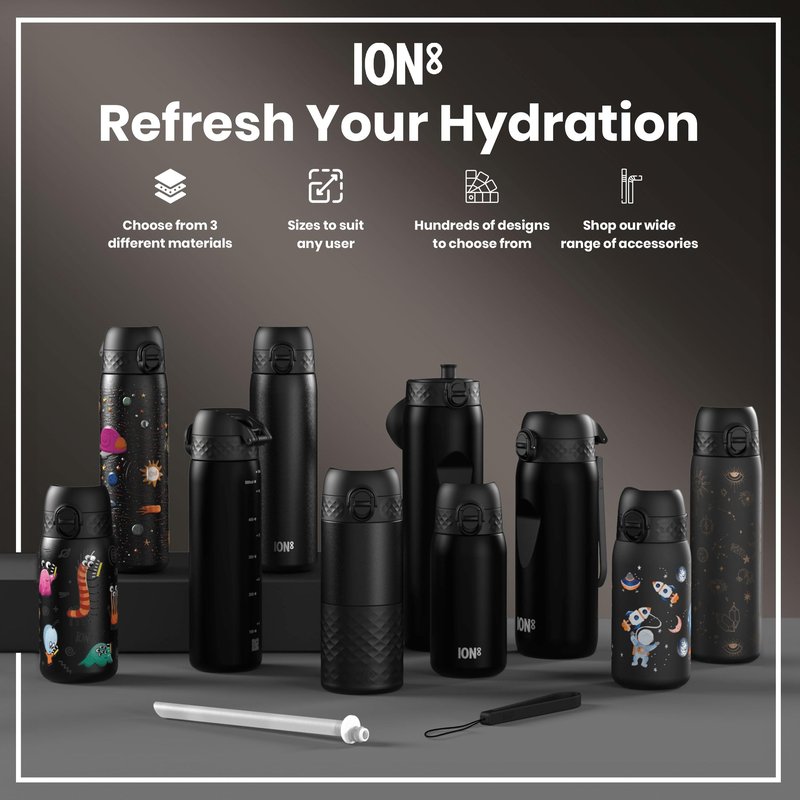 Ion8 Water Bottle, 500 ml/18 oz, Leak Proof, Easy to Open, Secure Lock, Dishwasher Safe, BPA Free, Hygienic Flip Cover, Carry Handle, Easy Clean, Odor Free, Carbon Neutral, Black, Spaceships Design