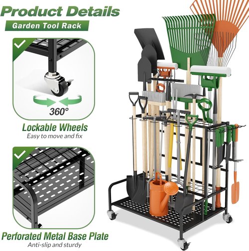 Heavy-Duty Steel Garden Tool Organizer Rack by [Brand Name] - Mobile Storage for Up to 39 Tools | 12 Hooks & Broom Holder, Black