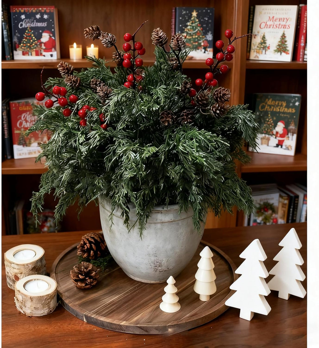 Skiennix Faux Cedar Stems - Realistic Norfolk Pine Branches for Christmas Decor | 12 Stems + Berries + Pinecones