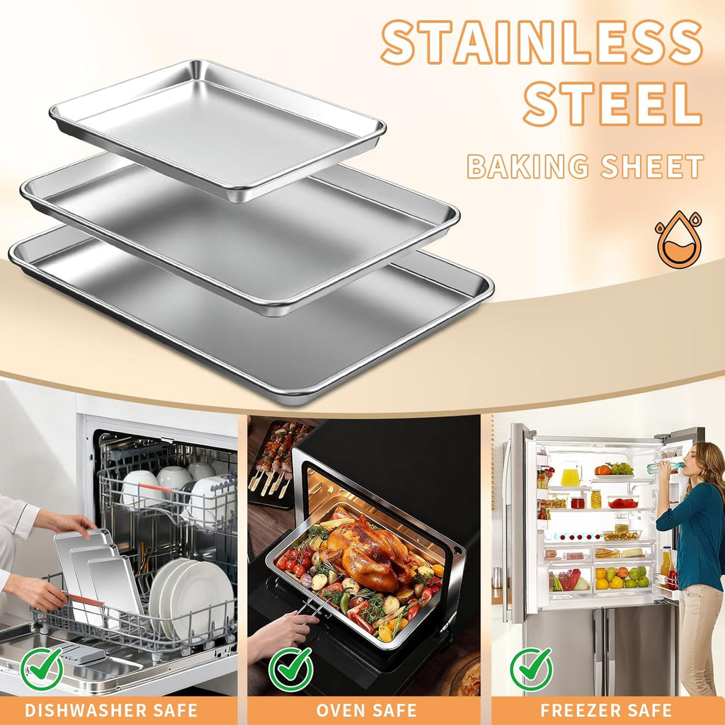 Skiennix Baking Sheet Set - Heavy Duty Stainless Steel Cookie Sheets | Non-Stick, Easy Clean, 10.5/12.4/16 Inch