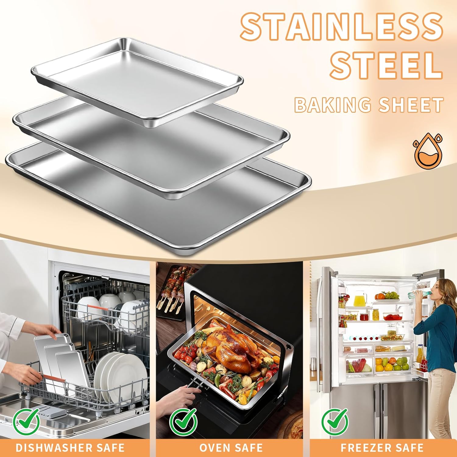 Skiennix Baking Sheet Set - Heavy Duty Stainless Steel Cookie Sheets | Non-Stick, Easy Clean, 10.5/12.4/16 Inch