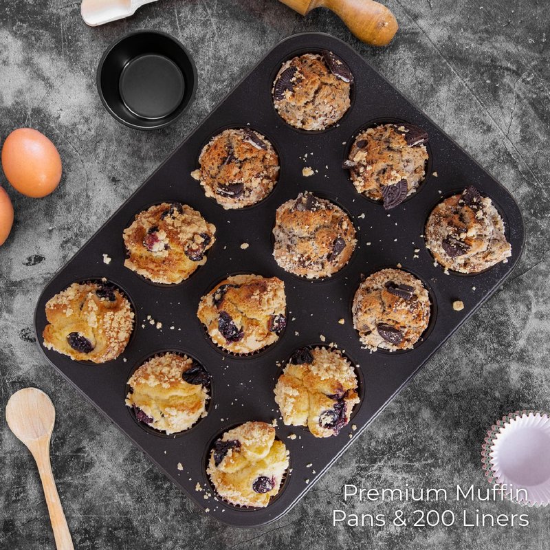 CARTMAN 2 Pack Muffin Pans with 200 Cupcake Liners, Nonstick 12-Cup Muffin Tins, Carbon Steel Cupcake Pans for Baking Muffins, Egg Bites, Brownies & More