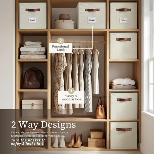 DECOMOMO Storage Baskets - 13x15x13 Cube Bins with Labels for Organized Shelves | Beige (Set of 4)