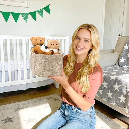 Jute 3 Pack Cube Storage Bins - 9”x9”x7” Cotton Rope Baskets for Organizing Toys, Clothes & More