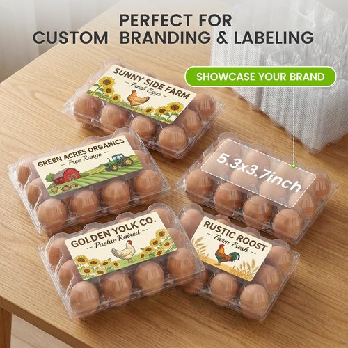 LOVEINUSA 100 PCS 12 Count Plastic Egg Cartons, with 105PCS Date Labels, Bulk Clear Reusable Egg Holder for Fresh Medium Eggs Storage, Suitable for Farms, Families, Markets Display