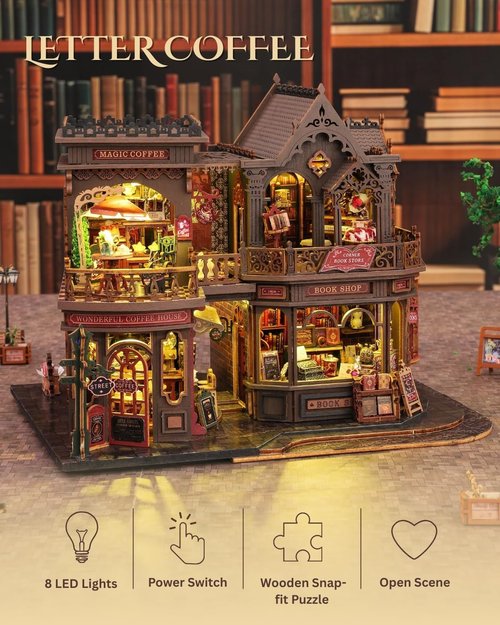 Letter Coffee Miniature House Kit by [Brand Name] - DIY Dollhouse with LED Light | 3D Wooden Puzzle for Shelf Decor
