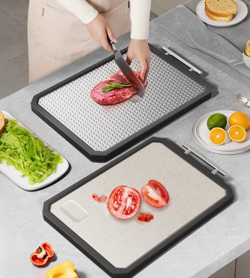 LOZOVIN Stainless Steel Cutting Board with Durable Anti-scratch Grid Design, Large 16”×12” Double Sided Non Toxic Chopping Board for Kitchen, Dishwasher Safe, Non-slip Edge, Garlic Grinding Area
