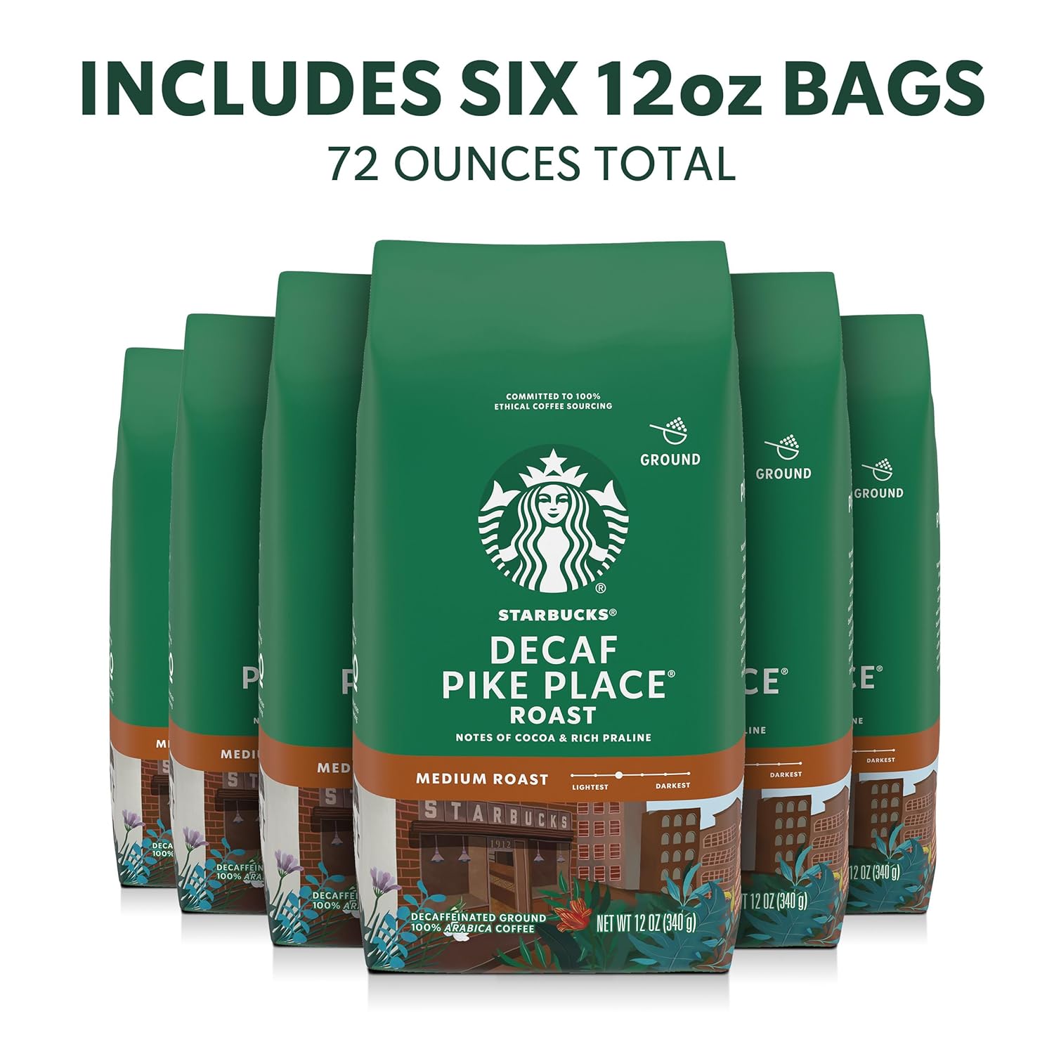 Starbucks Ground Coffee - Medium Roast Decaf Pike Place | Six 12 oz Bags for Hot or Iced Coffee