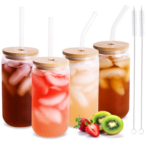 Drinking Glasses 18oz, with Bamboo Lids and Glass Straws, Set of 4, for Mixed Drinks, Cocktails, Beer, Iced Coffee/Tea, Fresh Juice, Smoothies, Parties/Gifts - Includes 2 Straw Cleaners (Clear)