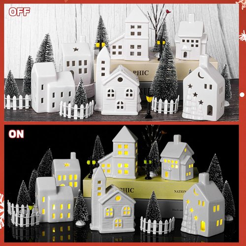 Fovths Christmas Village Set - 37-Piece Lighted Ceramic Houses with Remote Control LED Tealights & Accessories