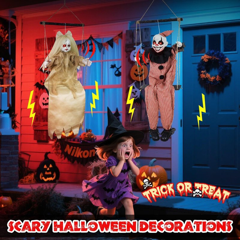 [Sound Activated] 2 Pack Hanging Halloween Decorations Outdoor, 40" Hanging Swinging Clown and Girl Ghosts Decor with Lighted Up Eyes Creepy Sound Expressions for Halloween Party Porch Haunted House