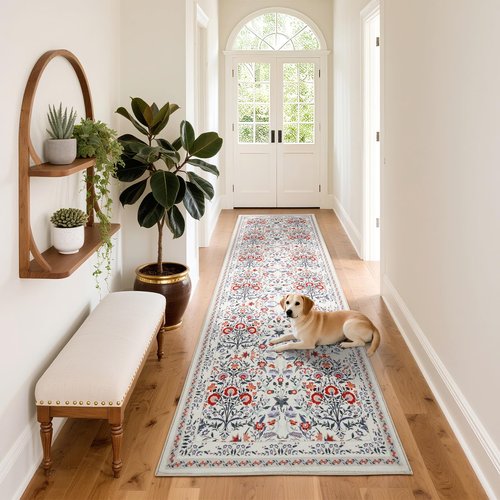 Area Rug Washable Rug Runner, 2X10 Hallway Runner Rugs for Bedroom Floral Boho Carpet Ultra-Thin Soft Kitchen Mats for Floor, Non-Slip Stain Rugs for Living Room, Entryway, Kitchen, Beige and Red