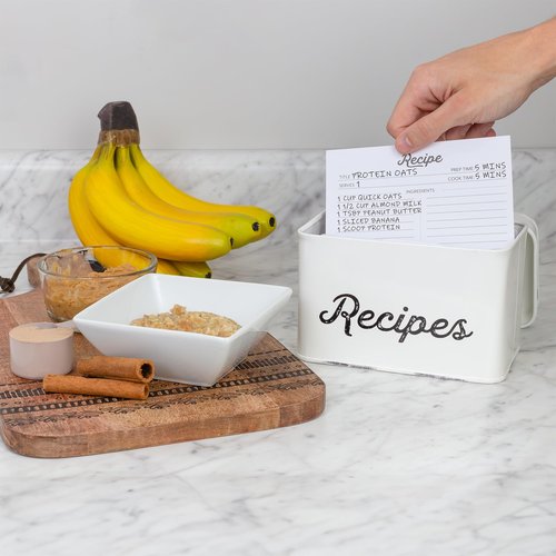 AuldHome Design Rustic White Recipe Box; Enamel Farmhouse Recipe Holder and Organizer for 4 x 6 Inch Recipe Cards