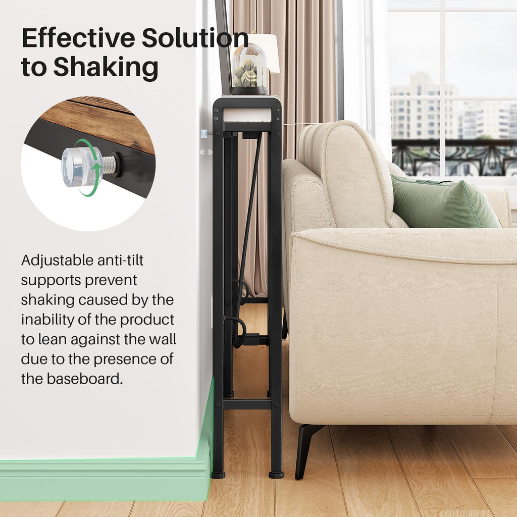 Kitstorack Narrow Entryway Console Table with Elevated Rear Fence & Power Outlets, Skinny Behind Couch Table, 39.4" Long x 5.9" Wide x 33.3" High, Thin Small Sofa Side Table for Living Room, Brown