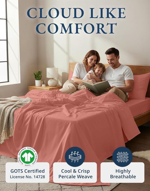 LANE LINEN King Sheet Set - 100% Organic Cotton, Fully Elasticized, Naturally Cooling, Rose Dawn