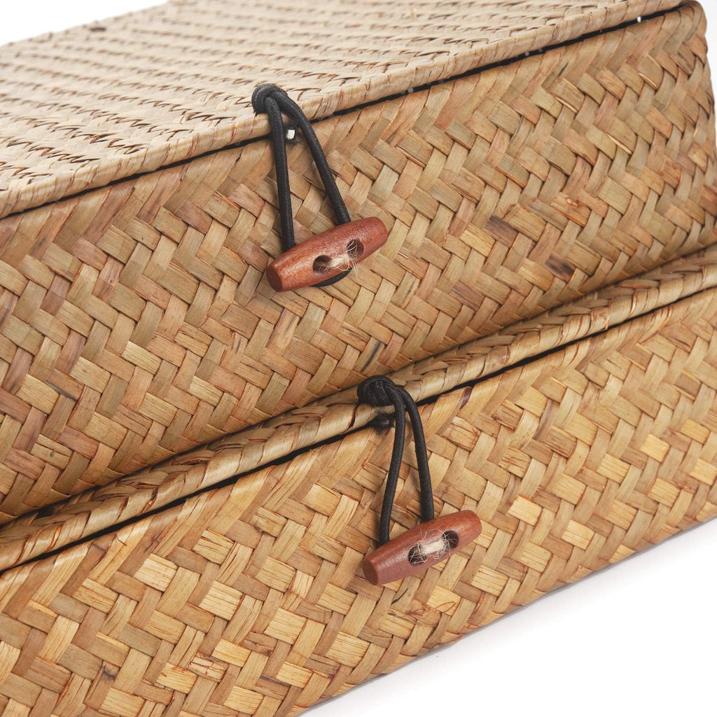 Seagrass Storage Baskets - Decorative Woven Baskets with Lid for Organizing | Shallow Design