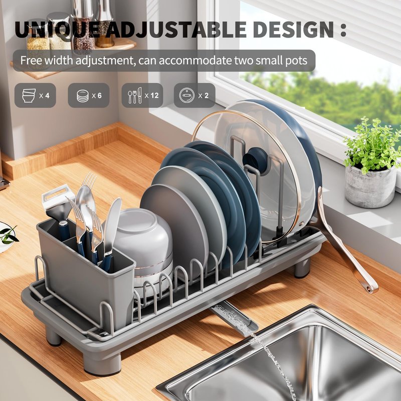 SanDream Small Dish Drying Rack with Removable Utensil Holder & Anti-Scratch Base - Stainless Steel Dish Rack, Dish Drying Rack with Drainage & Space Saving Design for Kitchen Counter, Gray