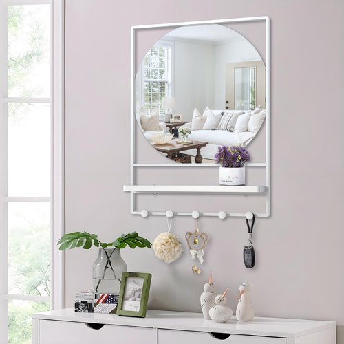 LETSFIELD Bathroom Mirror with Shelf and Hooks 28 x 21 Inch Modern Rectangle Wall Mirror for Bathroom, Metal Framed Bathroom Vanity Mirror for Over Sink, Entrance (White)
