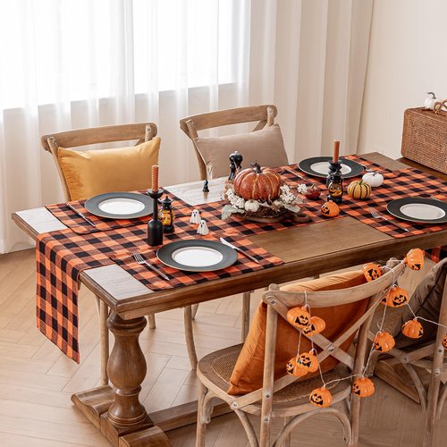 Softalker Fall Checkered Table Runner - Orange Buffalo Plaid Halloween Thanksgiving Stain Resistant Washable Table Decoration for Dining/Parties/Holiday Decor, 13 x 120 Inch